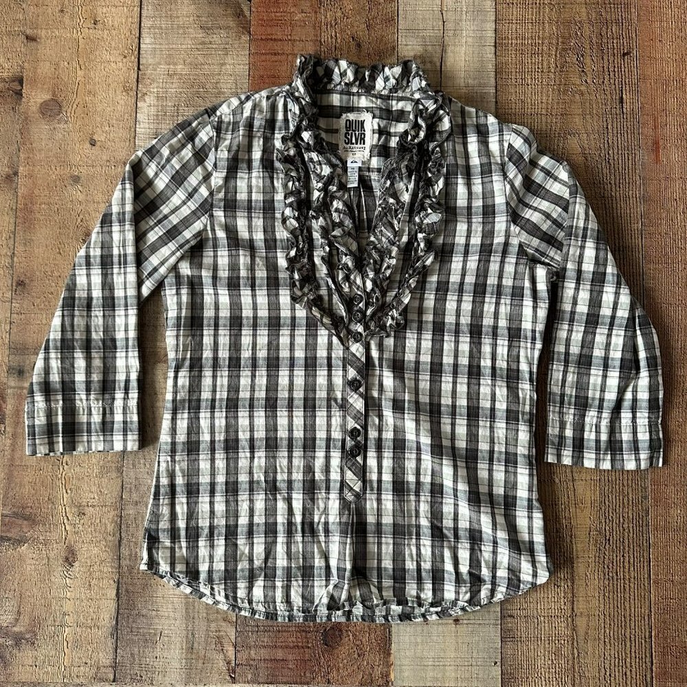 Quicksilver womens 3/4 Sleeve white and black plaid ruffle button up -XS
